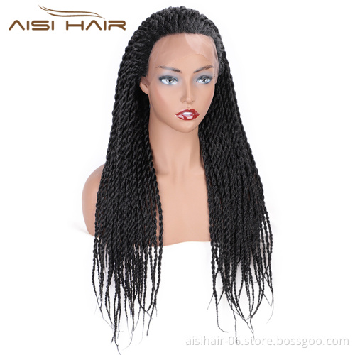 Aisi Hair Long Twist Braided Senegalese Black Wig Glueless Synthetic Lace Front Wig Twist Box Braids Hair Wigs For Black Women